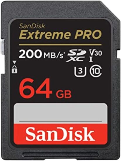 Carte SDXC de 64Go, classe de vitesse 10, U3 et V30. A privilégier pour les vidéos