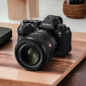 Appareil photo Sony Alpha 9 noir avec objectif FE 1.2/50 GM sur bois. Photographie professionnelle.