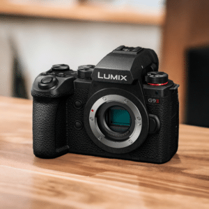 Appareil photo Lumix G9 II noir sur table en bois. Boîtier d'appareil photo numérique hybride.