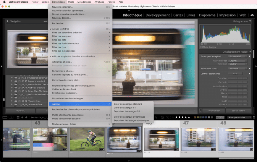 Menu Aperçu dans Lightroom