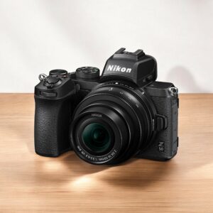 Appareil photo Nikon Z 50 noir avec objectif Nikkor sur table en bois. Photographie numérique.