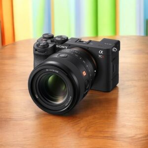 Appareil photo Sony Alpha 7C noir avec objectif FE 1.4/50 GM sur une table en bois.