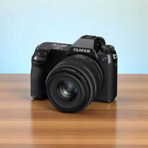 Fujifilm GFX 50S II noir avec objectif. Appareil photo numérique moyen format haute résolution.