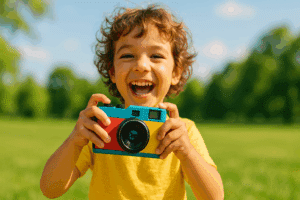 Enfant souriant avec appareil photo coloré. Guide d'achat appareil photo enfant 2025.