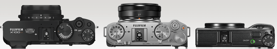 Comparaison tailles compacts experts Fujifilm X100VI, Fujifilm XM5 et Ricoh GR III