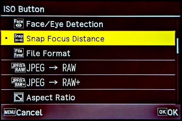 menu du Ricoh GR III montrant le mode Snap focus