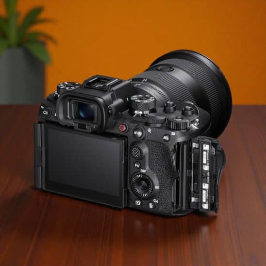 Sony A1 II camera back view. Professional full-frame mirrorless camera with open card slots for CFexpress and SD cards.