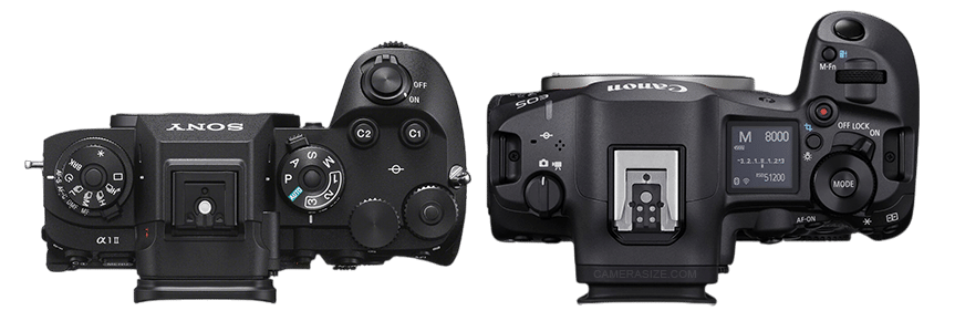 Comparaison Sony A1 II et Canon EOS R5 Mark II : vue du dessus des appareils photo hybrides professionnels.