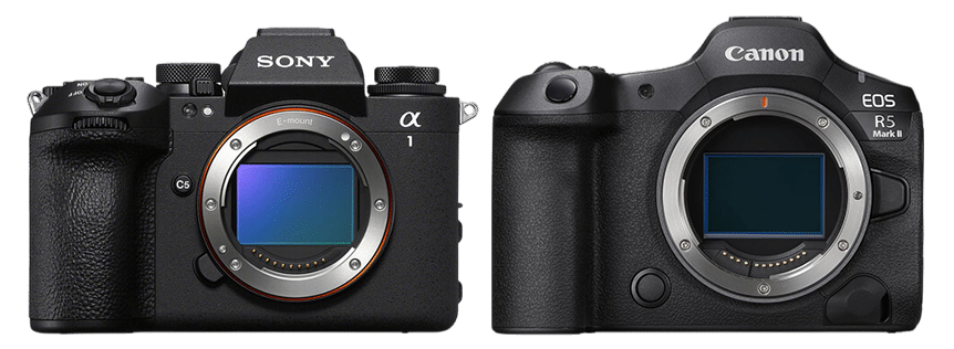 Comparaison des appareils photo Sony A1 II et Canon EOS R5 Mark II, mettant en évidence leurs montures d'objectif et leurs conceptions.
