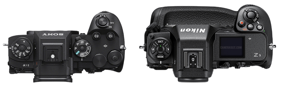 Comparaison Sony A1 II et Nikon Z9: vue du haut des appareils photo hybrides professionnels, détails des molettes et boutons.