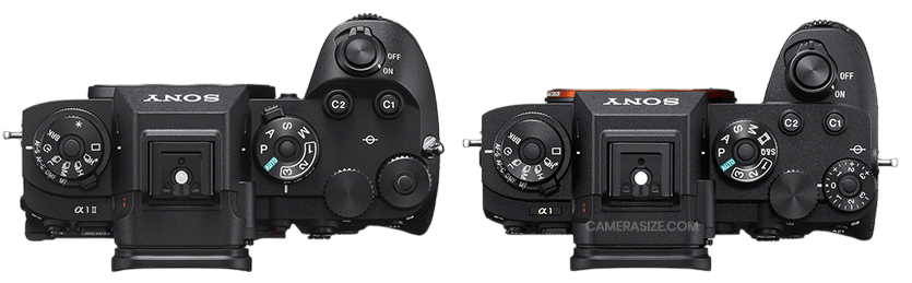 Sony A1 II et Sony A1 vue de dessus. Comparaison des commandes et molettes de ces appareils photo haut de gamme.