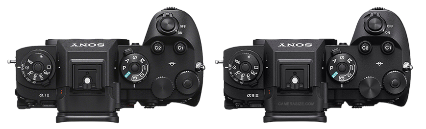 Sony A1 II et Sony A9 III : Vue du dessus des boîtiers d'appareils photo hybrides professionnels. Comparaison des commandes et des molettes.