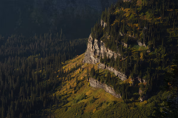 Paysage de montagne rocheuse avec des arbres, idéal pour la Sony A7 V. Forêt dense et végétation luxuriante.
