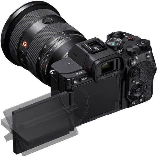 Sony A7 V mirrorless camera with articulating screen, showcasing camera controls and lens.