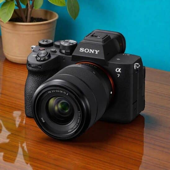 Sony A7 V avec objectif, appareil photo hybride plein format pour les photographes et vidéastes.