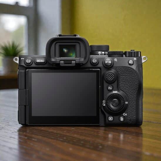 Sony A7 V : Vue arrière de l'appareil photo avec l'écran LCD éteint, montrant les boutons et molettes de contrôle.