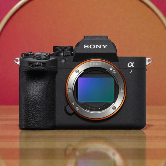 Sony A7 V face, gros plan du boîtier d'appareil photo hybride, monture E, capteur plein format, ergonomie optimisée.
