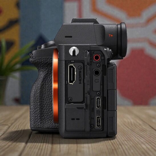 Sony A7 V Camera Ports: HDMI, USB, Audio. High-resolution image showcasing connectivity options of the Sony A7V camera.