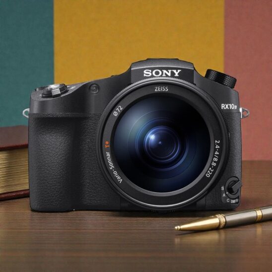 Sony RX10 IV face, un appareil photo bridge avancé avec objectif Zeiss Vario-Sonnar T* pour une qualité d'image exceptionnelle.