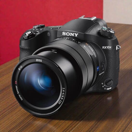 Sony RX10 IV vue de face sur table en bois. Appareil photo bridge haut de gamme avec objectif Zeiss Vario-Sonnar T*. 