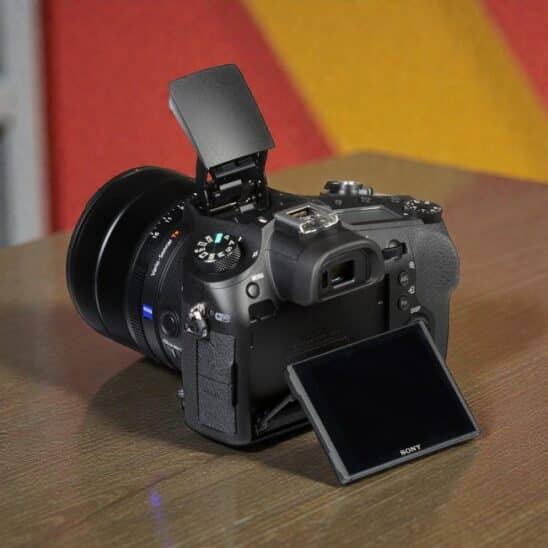 Sony RX10 IV vue latérale. Appareil photo bridge avec zoom puissant et écran inclinable pour une polyvalence maximale.