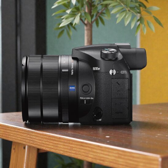 Sony RX10 IV camera showcasing its Zeiss lens, advanced features, and ergonomic design on a wooden table with plant background.