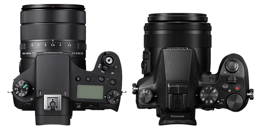 Sony RX10 IV et Panasonic Lumix FZ2000, vue de dessus. Comparaison des appareils photo bridge haut de gamme.
