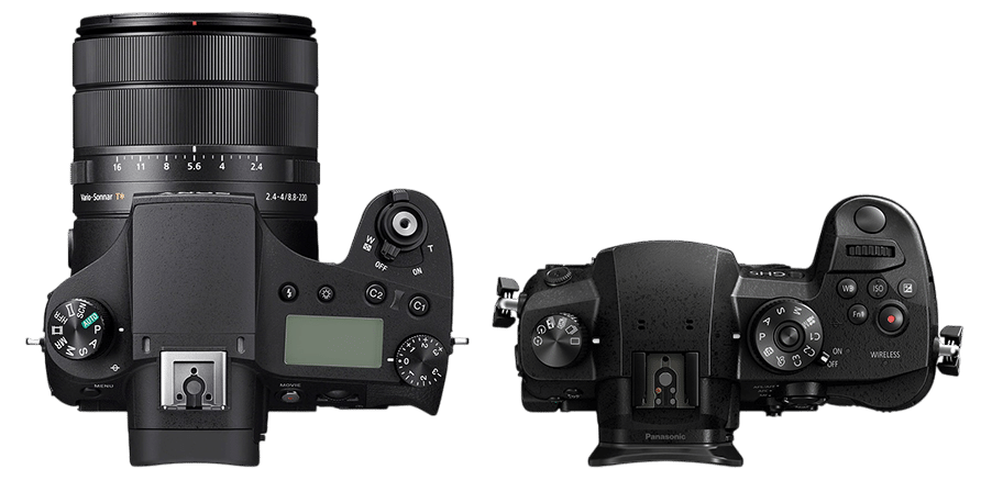 Sony RX10 IV et Panasonic Lumix GH5 vus de dessus. Comparaison des appareils photo bridge et hybride haut de gamme.