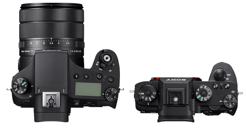 Sony RX10 IV et Sony Alpha 9 vus de dessus. Appareils photo numériques haut de gamme pour la photographie professionnelle.