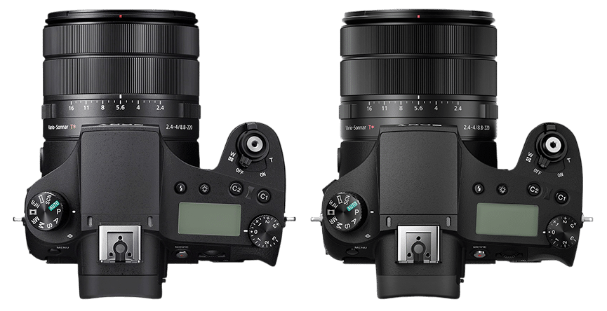 Sony RX10 IV et RX10 III, vue du dessus. Comparaison du bridge premium Sony, zoom puissant et qualité d'image exceptionnelle.