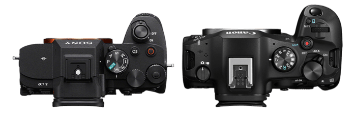 Sony A7 V et Canon EOS R6 Mark III: Vue du dessus des appareils photo hybrides, affichant les molettes de réglage et les boutons.