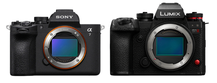 Sony A7 V et Panasonic Lumix S1 II côte à côte. Comparaison des appareils photo hybrides plein format pour photographes exigeants.