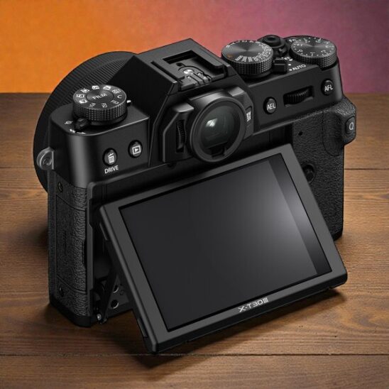 Fujifilm X-T30 III côté. Vue rapprochée de l'appareil photo hybride noir avec écran inclinable sur une table en bois.