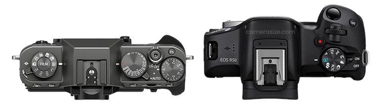 Fujifilm X-T30 III vs Canon EOS R50&nbsp;: Comparaison des commandes supérieures des appareils photo.