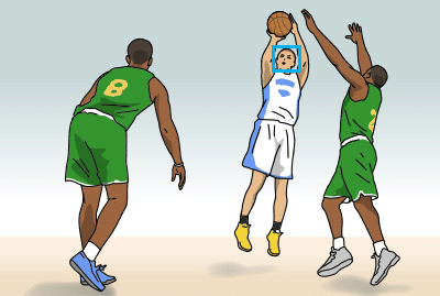 Trois joueurs de basket-ball, un tirant au panier, marché de la photographie, action, compétition sportive.