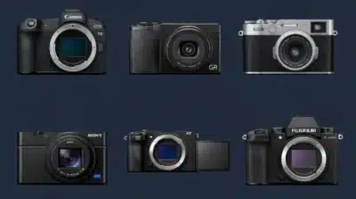 Comparaison d'appareils photo hybrides et smartphone pour voyage en 2026: Canon EOS R8, Ricoh GR, Fujifilm, Sony Zeiss, GT, Fuji X-S20.