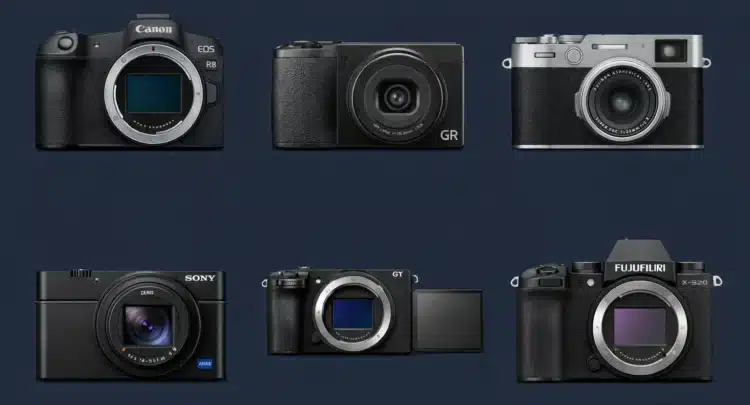 Comparaison d'appareils photo hybrides et smartphone pour voyage en 2026: Canon EOS R8, Ricoh GR, Fujifilm, Sony Zeiss, GT, Fuji X-S20.