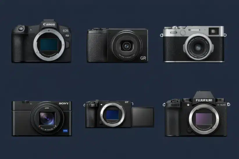Comparaison d'appareils photo hybrides et smartphone pour voyage en 2026: Canon EOS R8, Ricoh GR, Fujifilm, Sony Zeiss, GT, Fuji X-S20.