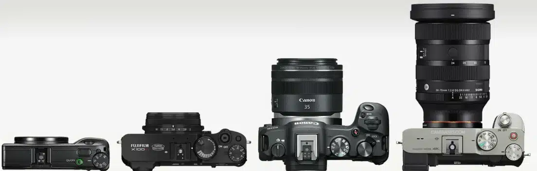 Comparaison de la taille d'appareils photo compacts pour voyage : Fujifilm X100, Canon EOS, Sony Alpha. Guide d'achat 2026.