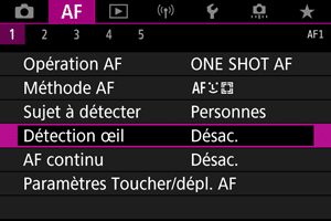 Menu AF d'appareil photo&nbsp;: opération One Shot AF, détection des yeux désactivée. Réglages essentiels pour la photographie.