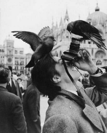 Photographe à Venise avec pigeons, photo noir et blanc de Robert Doisneau, guide appareil photo voyage 2026