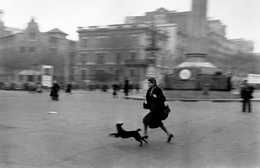 Photojournalisme de Robert Capa&nbsp;: femme et chien courant dans une rue urbaine, photographie argentique en noir et blanc.