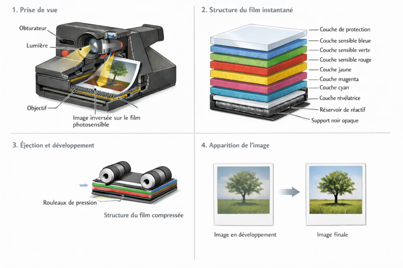 Schéma du développement photo instantanée&nbsp;: prise de vue, structure du film, éjection, apparition de l'image. Meilleur appareil photo 2026.