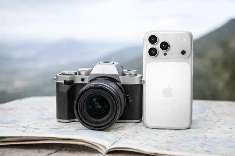 Comparaison appareil photo voyage 2026: appareil photo hybride et iPhone sur une carte, idéal pour choisir son équipement photo.
