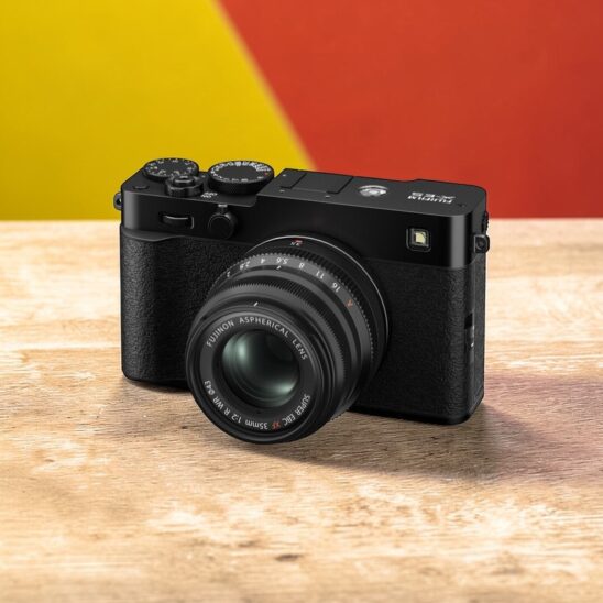 Fujifilm X-E5 noire de côté avec objectif Fujinon 35mm sur une table en bois, fond jaune et rouge.