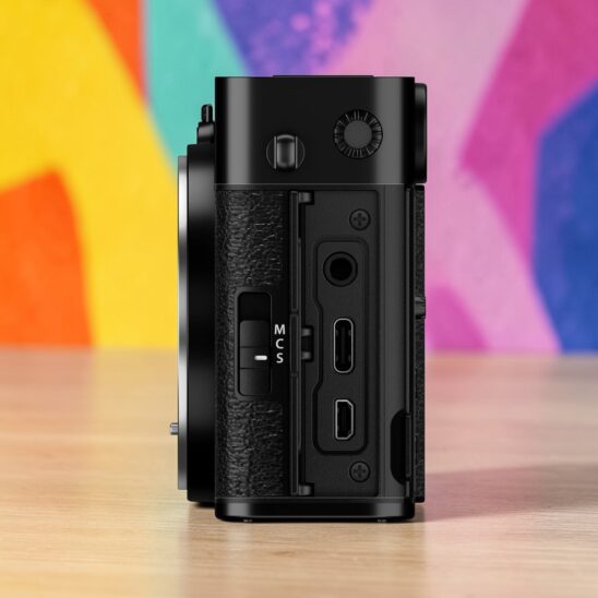 Fujifilm X-E5 camera connectics. Side view of black mirrorless camera with ports and mode switch.