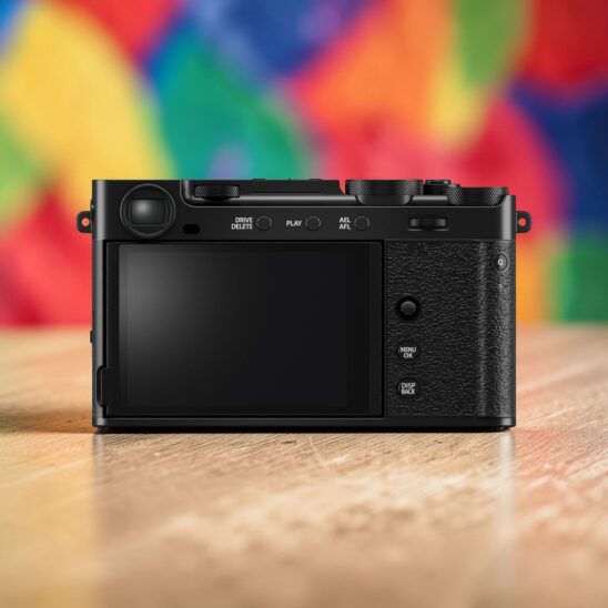 Fujifilm X-E5 Écran LCD. Détail du dos de l'appareil photo numérique hybride Fujifilm X-E5, écran noir.