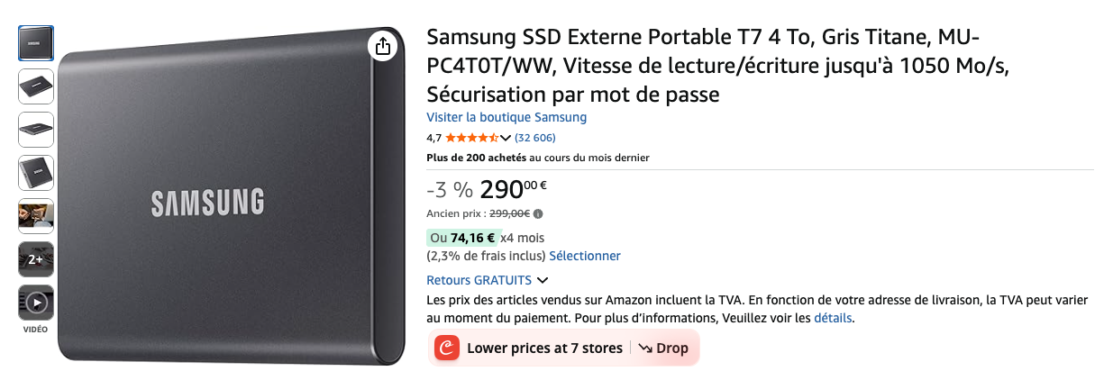 Disque SSD externe Samsung T7 4To gris titane. Solution idéale pour sauvegarde de photos et données, rapide et sécurisée.