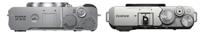 Fujifilm X-E5 et Fujifilm X-E4 vus de dessus. Comparaison des appareils photo hybrides Fujifilm. Design et ergonomie des modèles X-E.