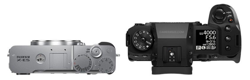 Fujifilm X-E5 et X-H2S: Comparaison des appareils photo hybrides, vue du dessus. Présentation des molettes de réglage et écrans.